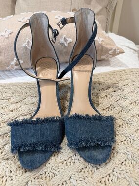Vince Camuto Dark Blue Denim Frayed Ankle-Strap Heels
